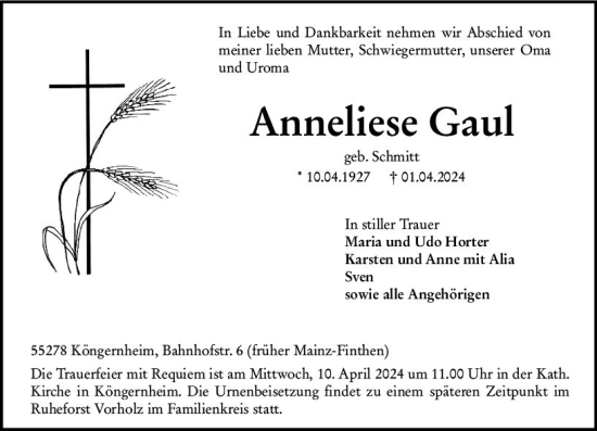 Traueranzeige von Anneliese Gaul von Allgemeine Zeitung Mainz