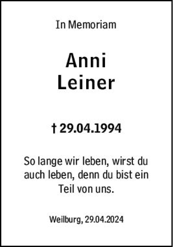 Traueranzeige von Anni Leiner von Weilburger Tageblatt