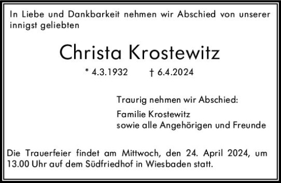 Traueranzeige von Christa Krostewitz von Wiesbadener Kurier