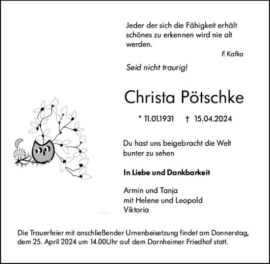 Traueranzeige von Christa Pötschke von Groß-Gerauer Echo