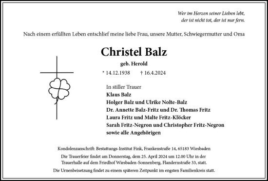 Traueranzeige von Christel Balz von Wiesbadener Kurier