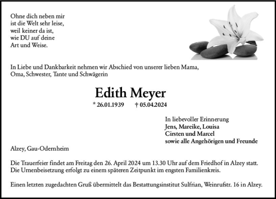 Traueranzeige von Edith Meyer von Allgemeine Zeitung Alzey
