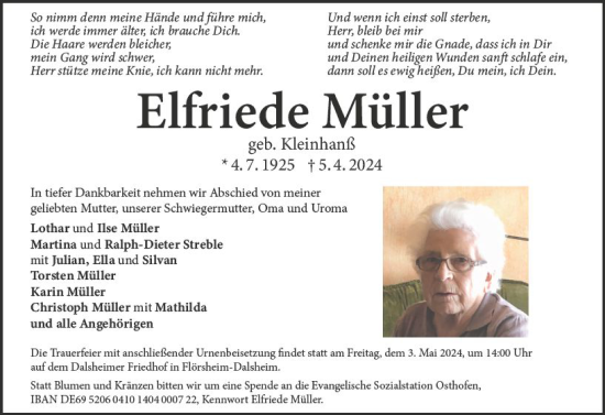 Traueranzeige von Elfriede Müller von Allgemeine Zeitung Alzey