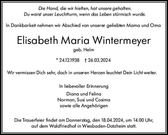 Traueranzeige von Elisabeth Maria Wintermeyer von Wiesbadener Kurier