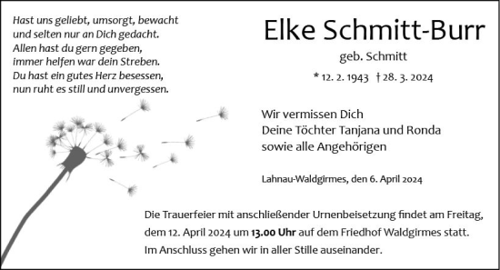Traueranzeige von Elke Schmitt-Burr von Wetzlarer Neue Zeitung