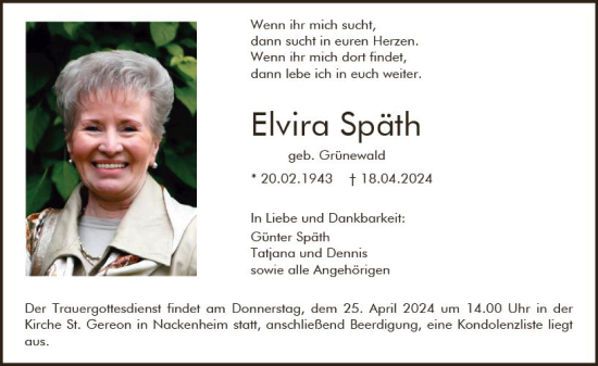 Traueranzeige von Elvira Späth von Allgemeine Zeitung Mainz