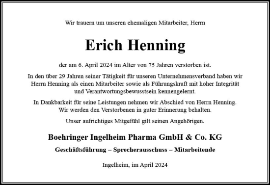 Traueranzeige von Erich Henning von Allgemeine Zeitung Bingen/Ingelheim