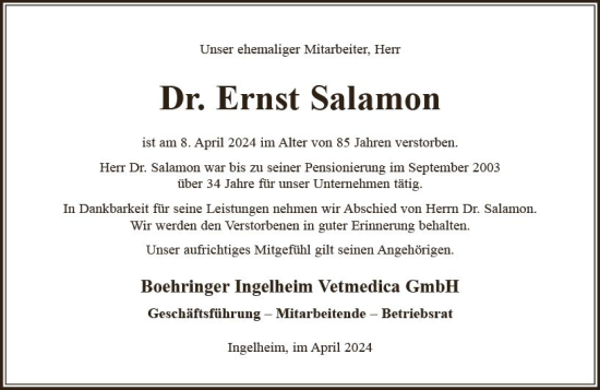 Traueranzeige von Ernst Salamon von Allgemeine Zeitung Bingen/Ingelheim