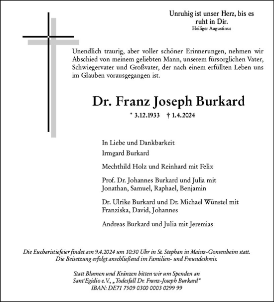 Traueranzeige von Franz Joseph Burkard von Allgemeine Zeitung Mainz