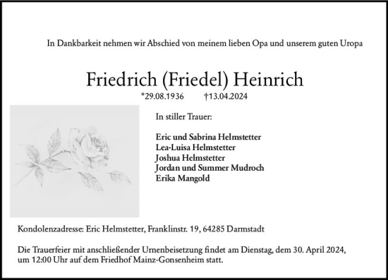 Traueranzeige von Friedrich Heinrich von Allgemeine Zeitung Mainz
