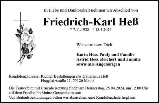 Traueranzeige von Friedrich-Karl Heß von Allgemeine Zeitung Mainz