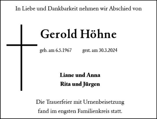 Traueranzeige von Gerold Höhne von Rheingau Kurier