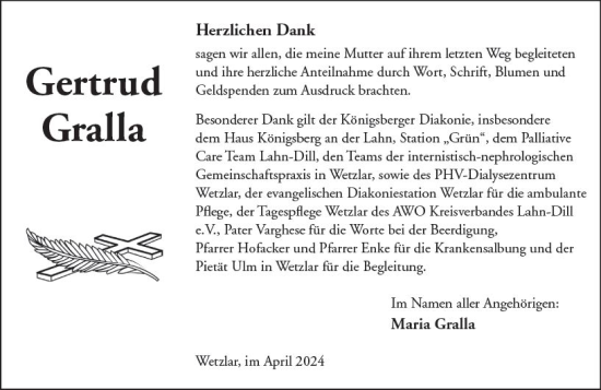 Traueranzeige von Gertrud Gralla von Wetzlarer Neue Zeitung
