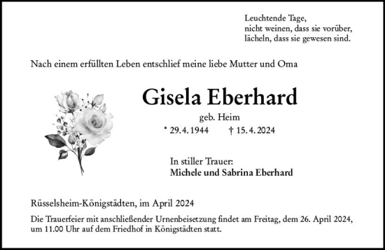 Traueranzeige von Gisela Eberhard von Rüsselsheimer Echo