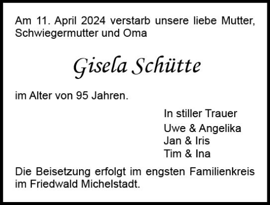 Traueranzeige von Gisela Schütte von Dieburger Anzeiger/Groß-Zimmerner Lokal-Anzeiger