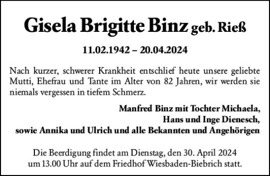 Traueranzeige von Gisela Brigitte Binz von Wiesbadener Kurier