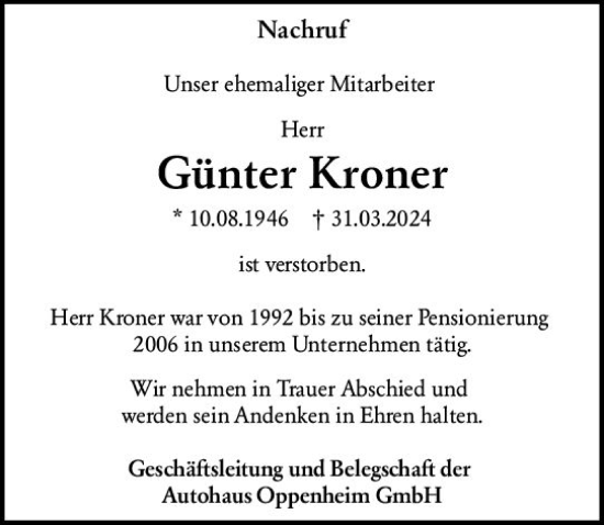 Traueranzeige von Günter Kroner von Allgemeine Zeitung Mainz
