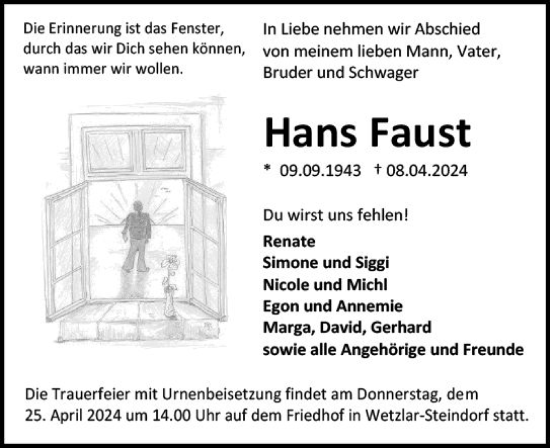 Traueranzeige von Hans Faust von Wetzlarer Neue Zeitung