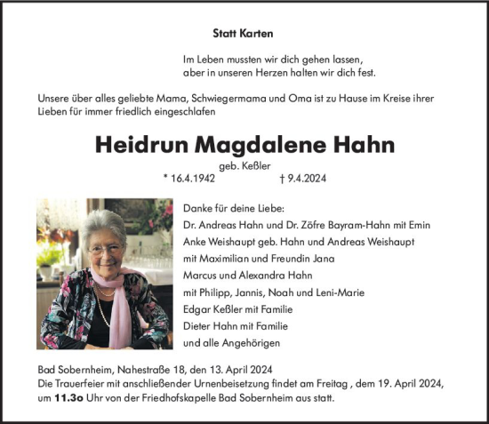 Traueranzeige von Heidrun Magdalene Hahn von Allgemeine Zeitung Bad Kreuznach