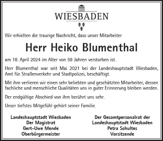 Traueranzeige von Heiko Blumenthal von Wiesbadener Kurier