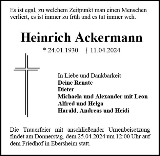 Traueranzeige von Heinrich Ackermann von Allgemeine Zeitung Mainz