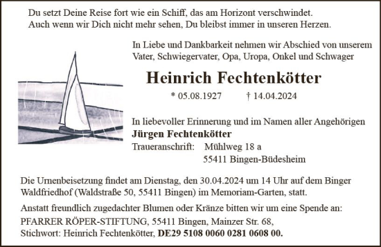 Traueranzeige von Heinrich Fechtenkötter von Allgemeine Zeitung Bingen/Ingelheim