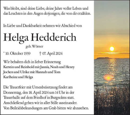 Traueranzeige von Helga Hedderich von Wetzlarer Neue Zeitung