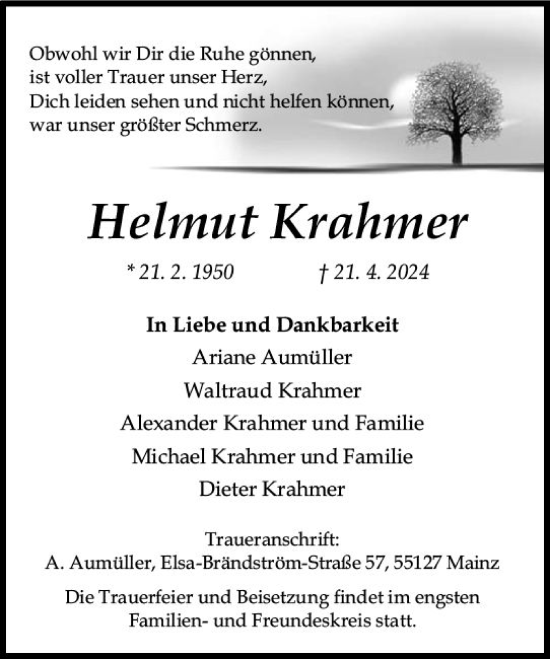 Traueranzeige von Helmut Krahmer von Allgemeine Zeitung Mainz