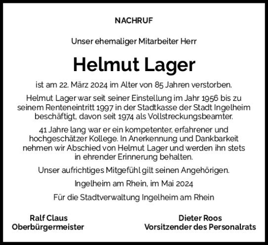 Traueranzeige von Helmut Lager von Allgemeine Zeitung Bingen/Ingelheim