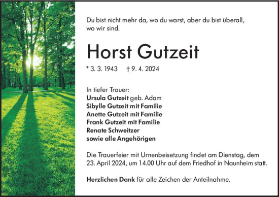 Traueranzeige von Horst Gutzeit von Wetzlarer Neue Zeitung