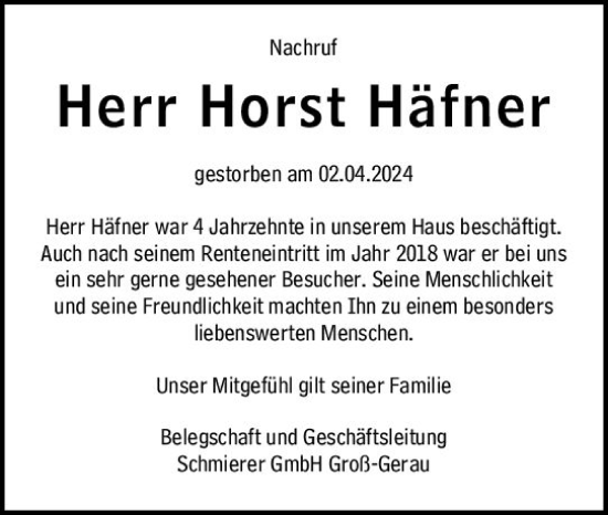 Traueranzeige von Horst Häfner von Groß-Gerauer Echo