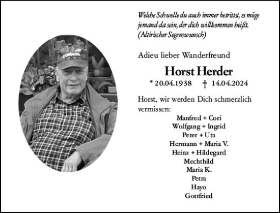 Traueranzeige von Horst Herder von Wiesbadener Kurier