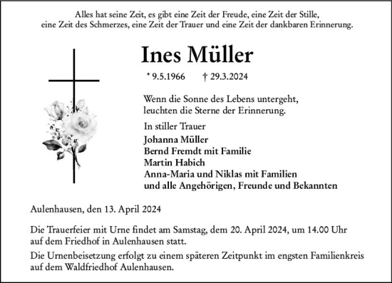 Traueranzeige von Ines Müller von Weilburger Tageblatt