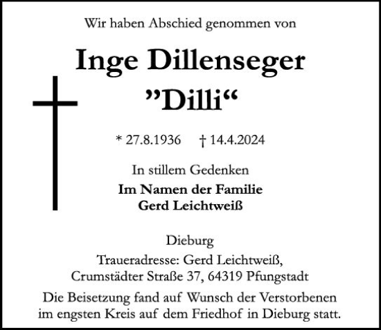 Traueranzeige von Inge Dillenseger von Dieburger Anzeiger/Groß-Zimmerner Lokal-Anzeiger