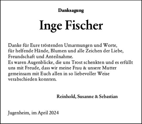 Traueranzeige von Inge Fischer von Allgemeine Zeitung Mainz