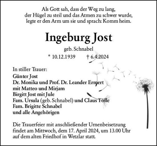 Traueranzeige von Ingeburg Jost von Wetzlarer Neue Zeitung