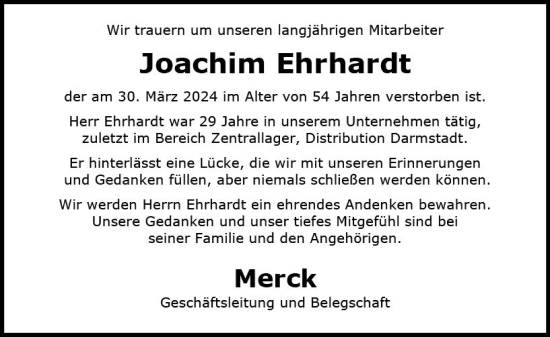 Traueranzeige von Joachim Ehrhardt von Darmstädter Echo