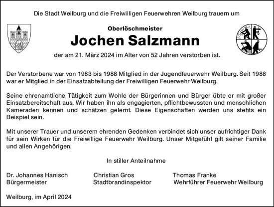 Traueranzeige von Jochen Salzmann von Weilburger Tageblatt