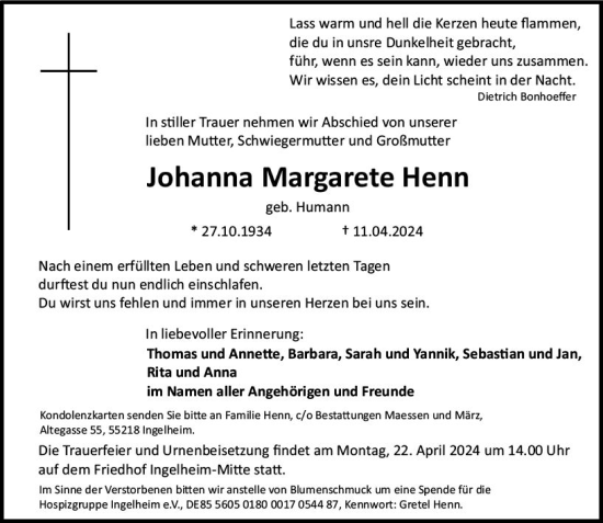 Traueranzeige von Johanna Margarete Henn von Allgemeine Zeitung Bingen/Ingelheim