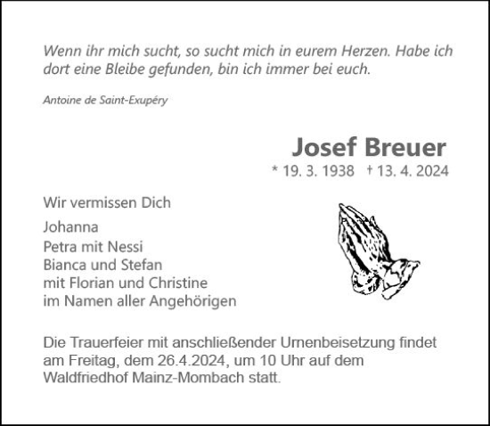 Traueranzeige von Josef Brauer von Allgemeine Zeitung Mainz