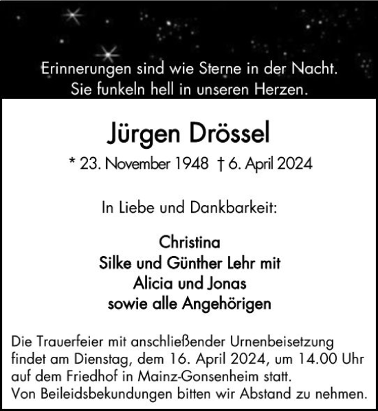 Traueranzeige von Jürgen Drössel von Allgemeine Zeitung Mainz