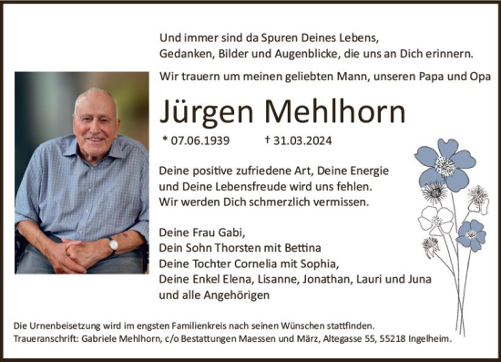 Traueranzeige von Jürgen Mehlhorn von Allgemeine Zeitung Bingen/Ingelheim