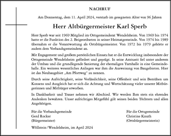 Traueranzeige von Karl Sperb von Allgemeine Zeitung Alzey