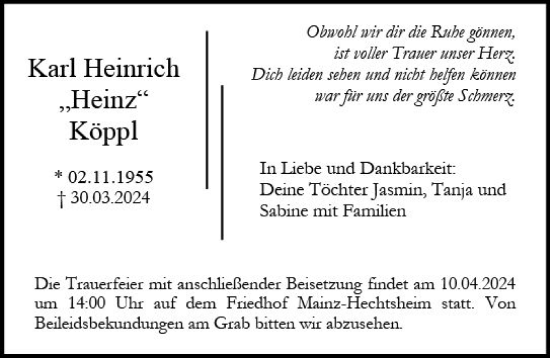 Traueranzeige von Karl Heinrich Köppl von Allgemeine Zeitung Mainz