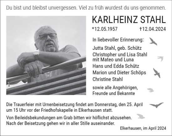 Traueranzeige von Karlheinz Stahl von Weilburger Tageblatt