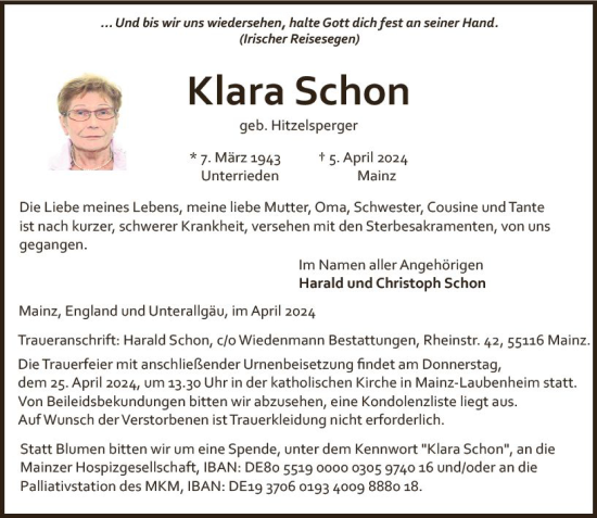 Traueranzeige von Klara Schon von Allgemeine Zeitung Mainz