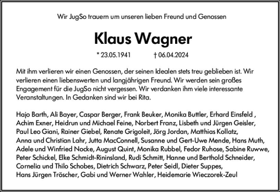 Traueranzeige von Klaus Wagner von Wiesbadener Kurier