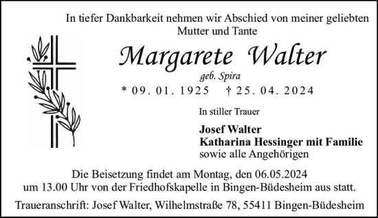 Traueranzeige von Margarete Walter von Allgemeine Zeitung Bingen/Ingelheim