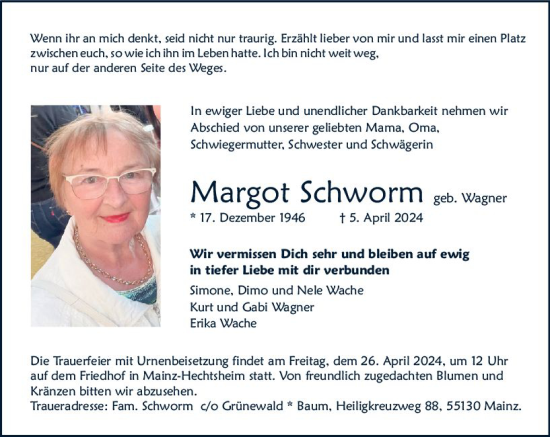 Traueranzeige von Margot Schworm von Allgemeine Zeitung Mainz