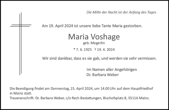Traueranzeige von Maria Voshage von Allgemeine Zeitung Mainz